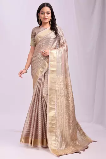Beige color zari lining border orgenz saree with blouse