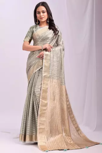 grey color zari lining border orgenz saree with blouse