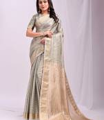 grey color zari lining border orgenz saree with blouse