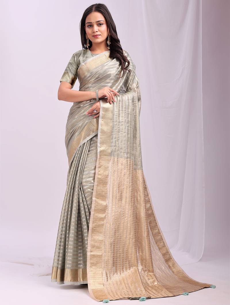 grey color zari lining border orgenz saree with blouse