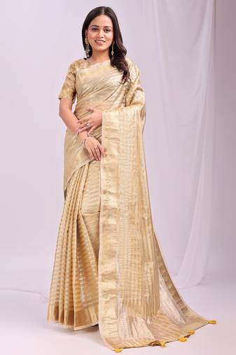 gold color zari lining border orgenz saree with blouse