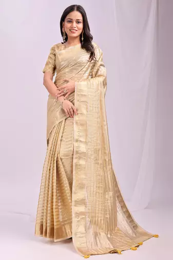 gold color zari lining border orgenz saree with blouse