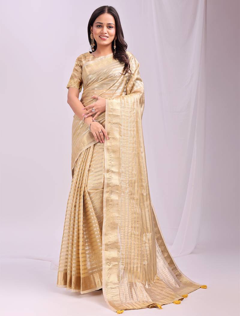 gold color zari lining border orgenz saree with blouse