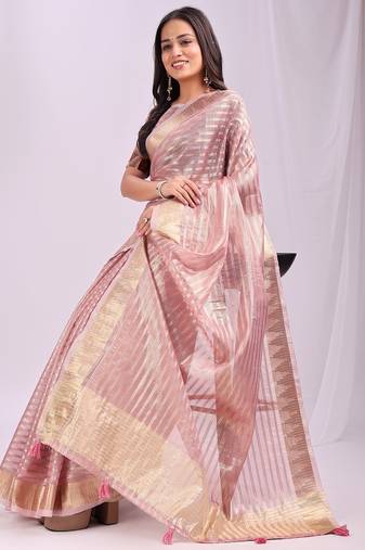 pink color zari lining border orgenz saree with blouse