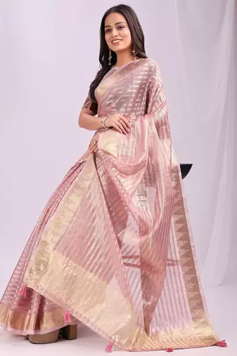 pink color zari lining border orgenz saree with blouse