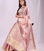 pink color zari lining border orgenz saree with blouse