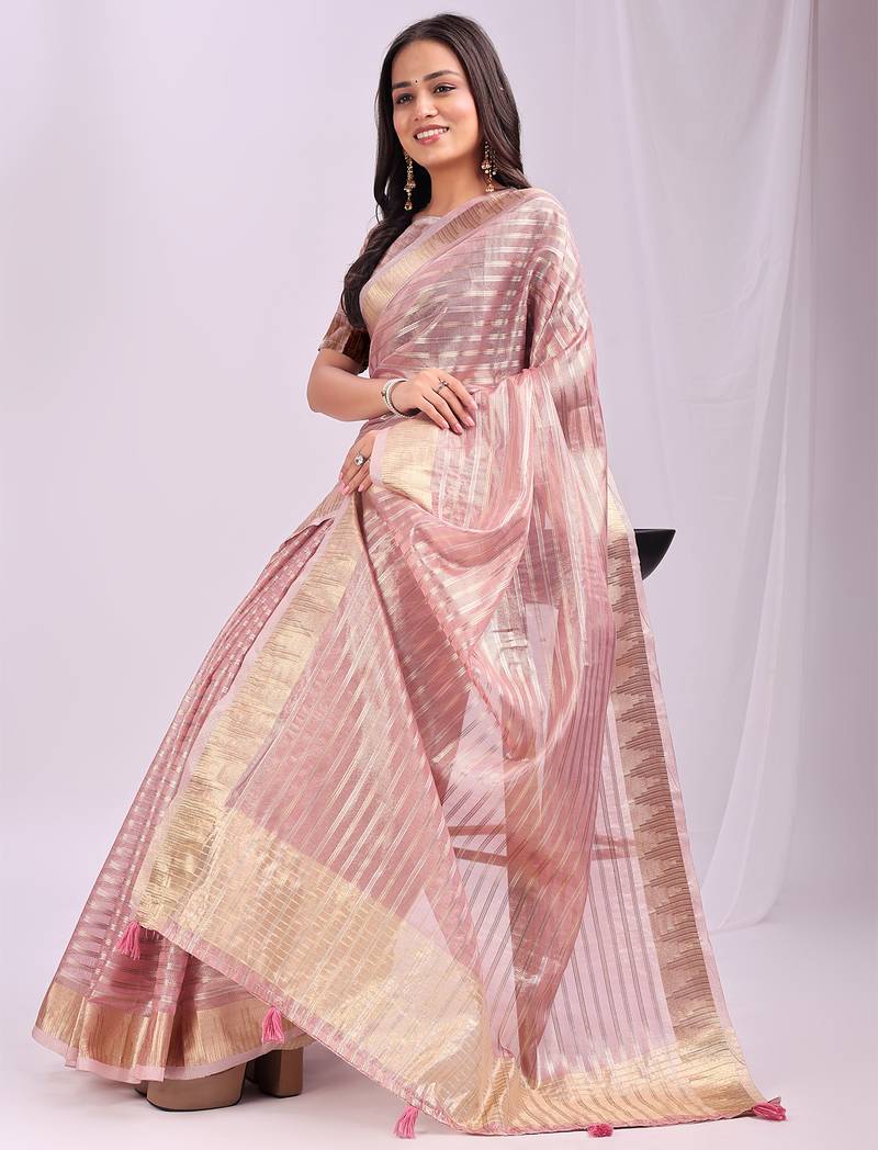 pink color zari lining border orgenz saree with blouse