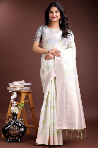 white & light green color cotton zari woven saree with blouse