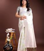 white & light green color cotton zari woven saree with blouse