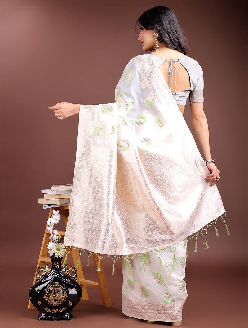 white & light green color cotton zari woven saree with blouse