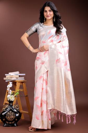 white & pink color cotton zari woven saree with blouse