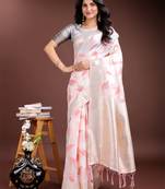 white & pink color cotton zari woven saree with blouse