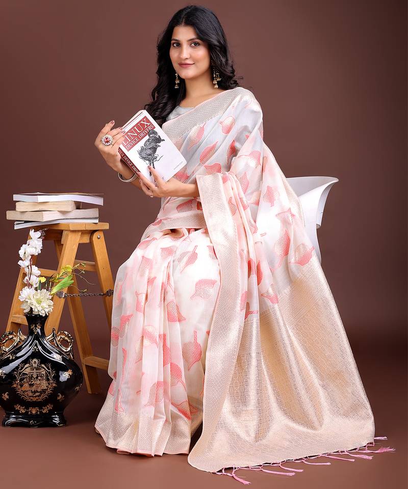 white & pink color cotton zari woven saree with blouse