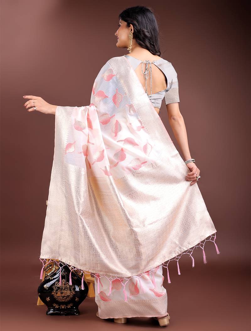 white & pink color cotton zari woven saree with blouse