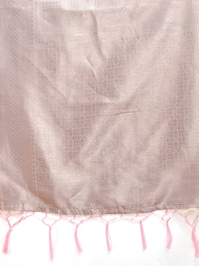 white & pink color cotton zari woven saree with blouse