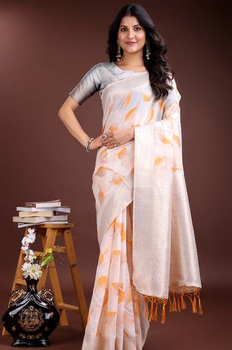 white & orange color cotton zari woven saree with blouse