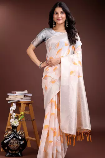 white & orange color cotton zari woven saree with blouse