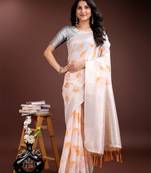 white & orange color cotton zari woven saree with blouse
