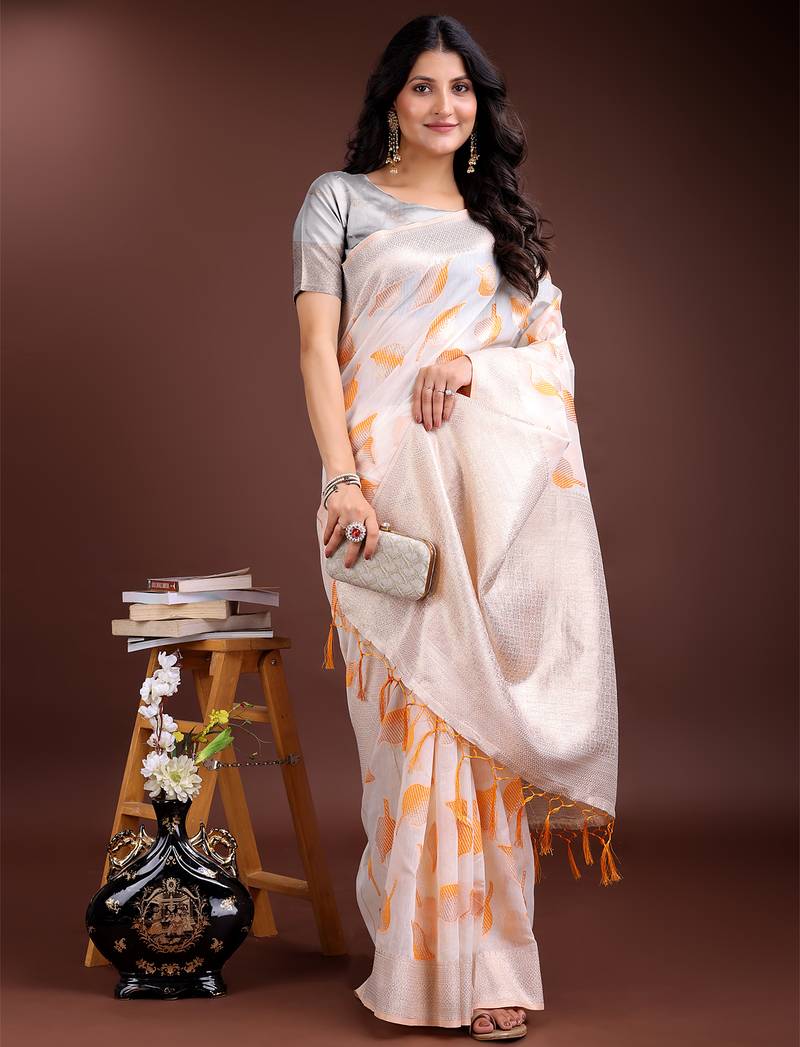 white & orange color cotton zari woven saree with blouse