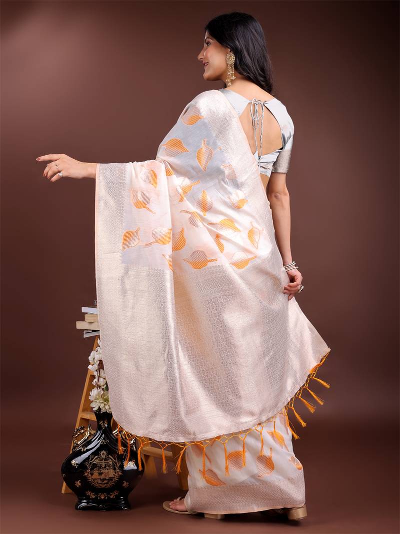 white & orange color cotton zari woven saree with blouse
