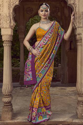 mustard floral zaal print patola saree