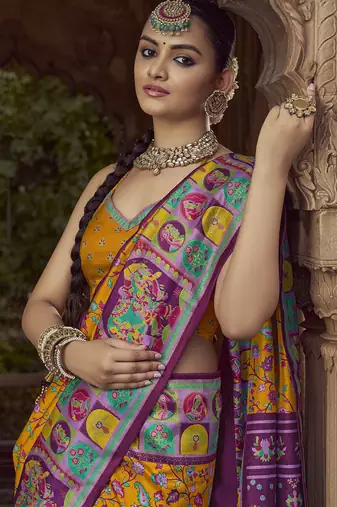 mustard floral zaal print patola saree