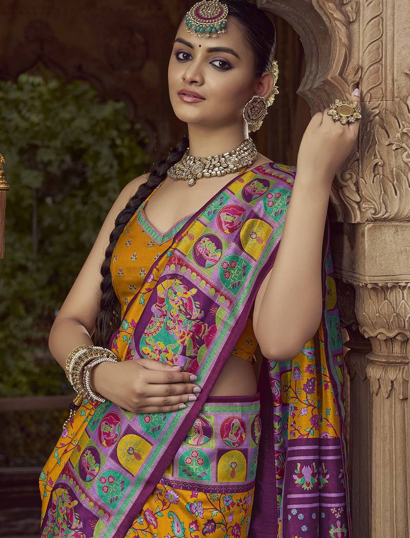 mustard floral zaal print patola saree