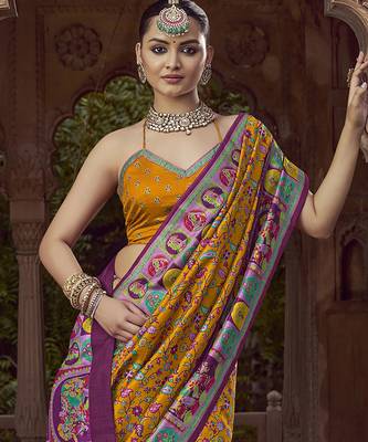 mustard floral zaal print patola saree 3