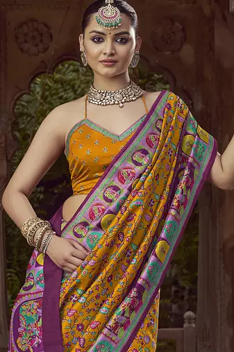mustard floral zaal print patola saree