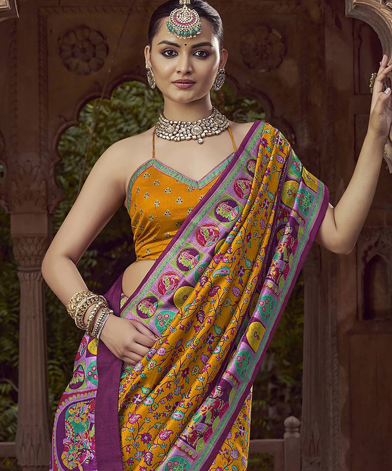 mustard floral zaal print patola saree