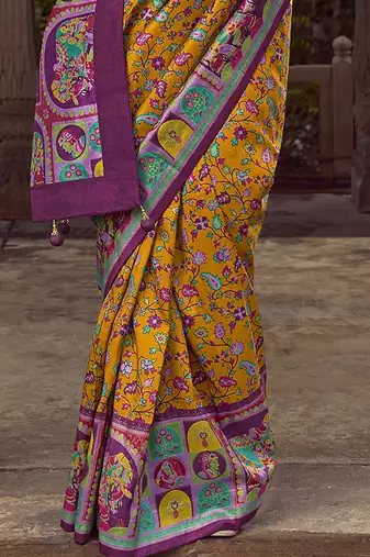 mustard floral zaal print patola saree