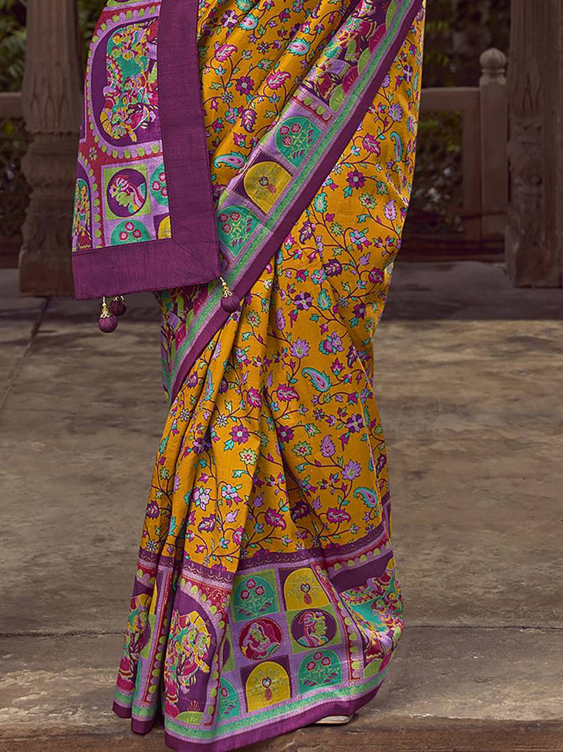 mustard floral zaal print patola saree