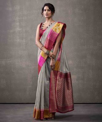 Women's grey modal cotton zari woven saree with unstitched silk blend blouse piece 4
