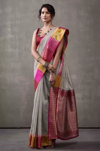Women's grey modal cotton zari woven saree with unstitched silk blend blouse piece