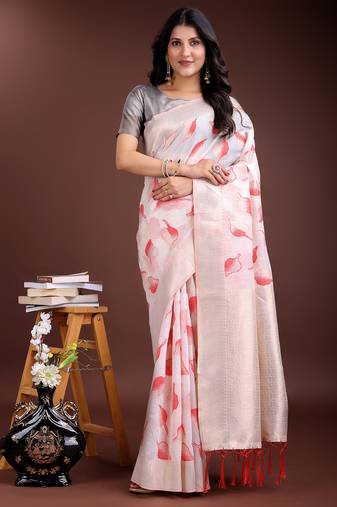 Silver & red color cotton zari woven saree with blouse