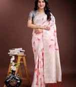 Silver & red color cotton zari woven saree with blouse