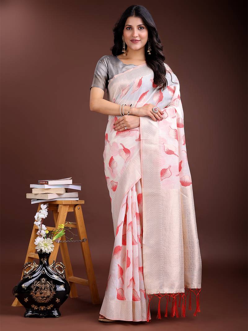 Silver & red color cotton zari woven saree with blouse