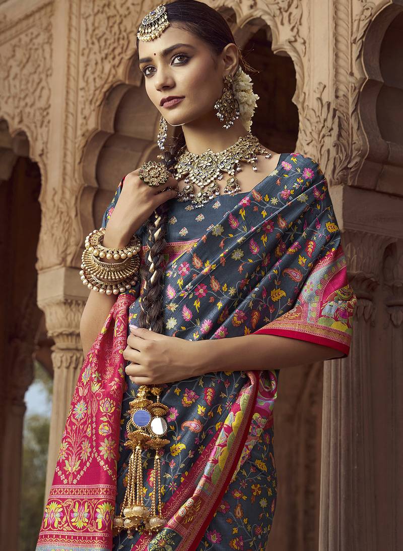 grey floral zaal print patola saree