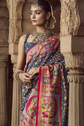 grey floral zaal print patola saree
