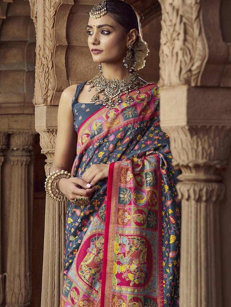 grey floral zaal print patola saree