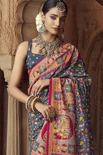 grey floral zaal print patola saree