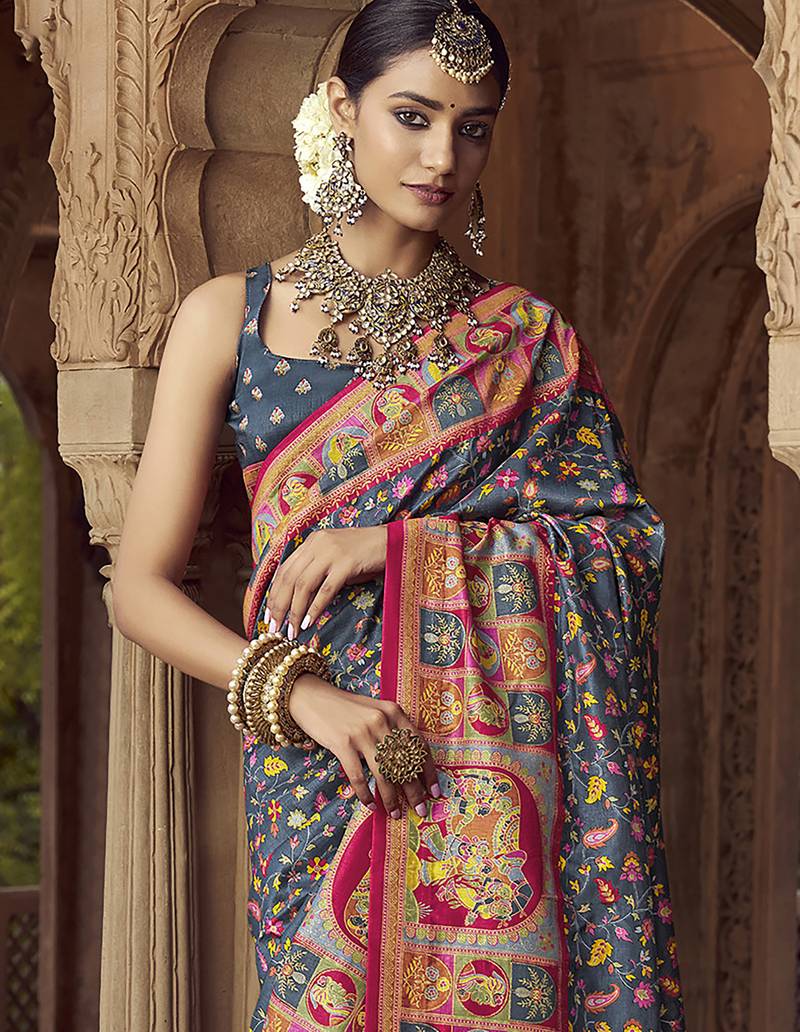 grey floral zaal print patola saree