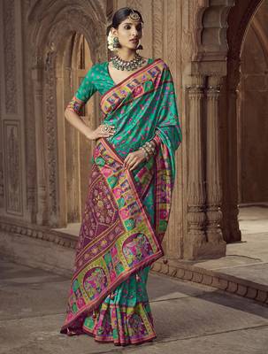 teal floral zaal print patola saree 1