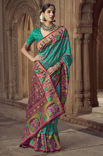 teal floral zaal print patola saree