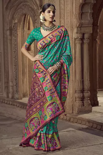 teal floral zaal print patola saree