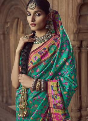 teal floral zaal print patola saree 2