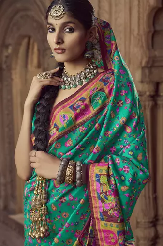 teal floral zaal print patola saree