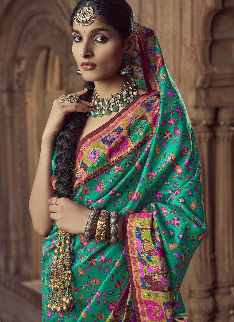 teal floral zaal print patola saree