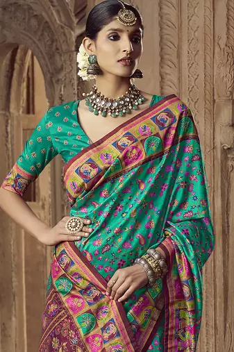 teal floral zaal print patola saree