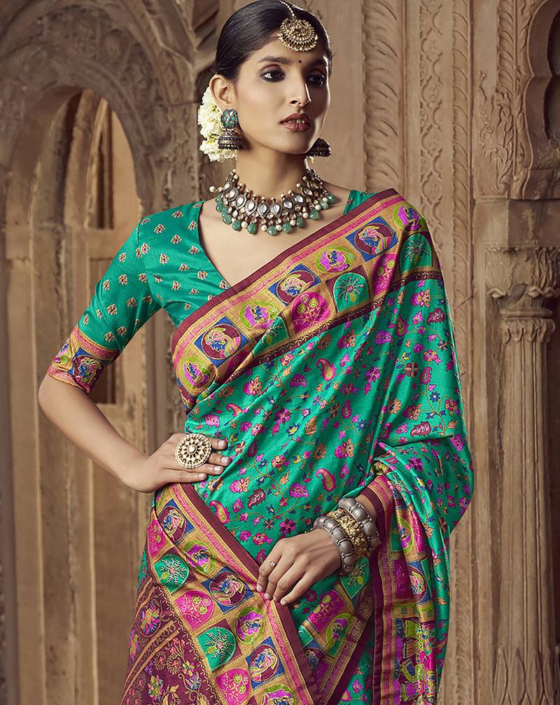 teal floral zaal print patola saree